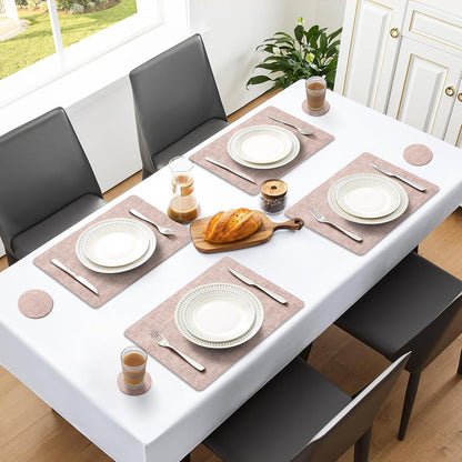 Faux Leather Placemats Set of 4, Heat Resistant Vinyl Place Mats with Coasters, Wipeable Washable Waterproof Oil Proof Table Mats for Kitchen Dining Indoor Outdoor, 12" x 17", Pink
