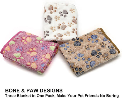 1 Pack 3 Puppy Dog Blankets Super Soft Warm Sleep Mat Fluffy Premium Fleece Pet Blanket Flannel Throw for Dog Puppy Cat - Paw Print Beige/Pink/Brown Large(40"x30")