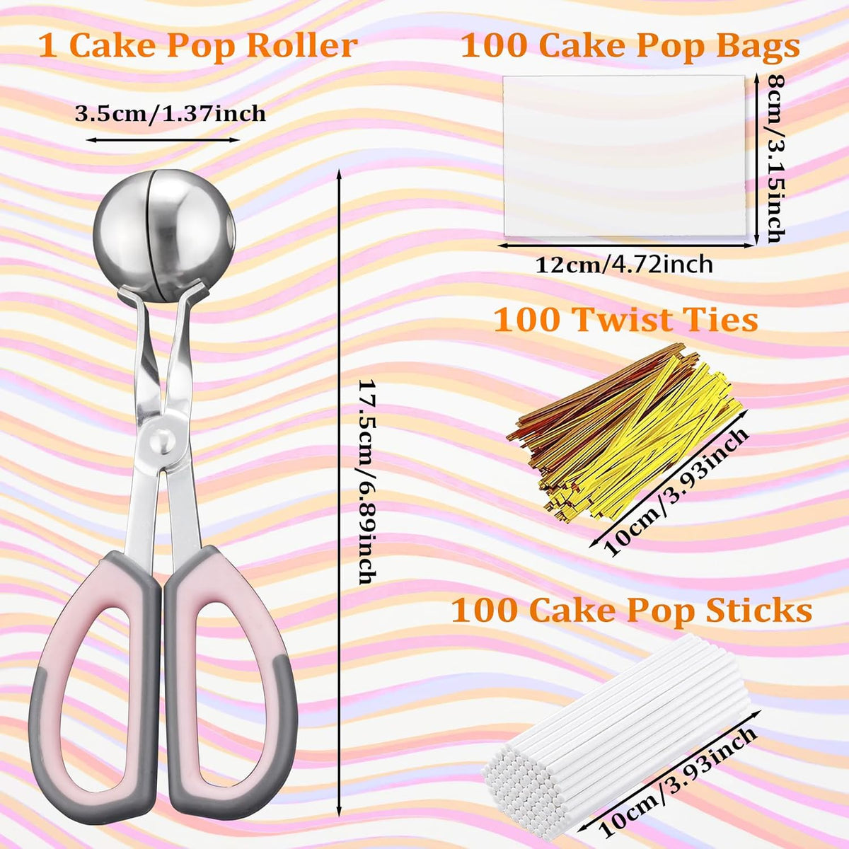 Cake Pop Kit, 100 Cake Pop Sticks, 100 Cake Pop Bags, 100 Twist Ties, 1 Cake Pop Mold Roller, Cake Pop Maker for Cakepops, Lollipop, Candies, Chocolates and Cookies