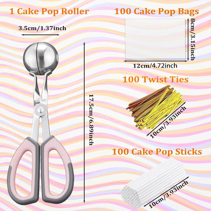 Cake Pop Kit, 100 Cake Pop Sticks, 100 Cake Pop Bags, 100 Twist Ties, 1 Cake Pop Mold Roller, Cake Pop Maker for Cakepops, Lollipop, Candies, Chocolates and Cookies