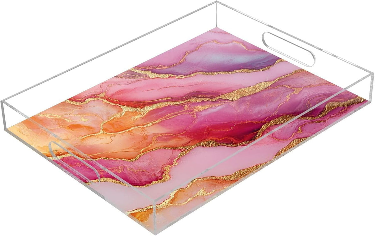 Acrylic Clear Trays Marble Rose Gold Hot Peach Acrylic Serving Trays with Handles 12X16 Acrylic Bed Tray Spill-Proof
