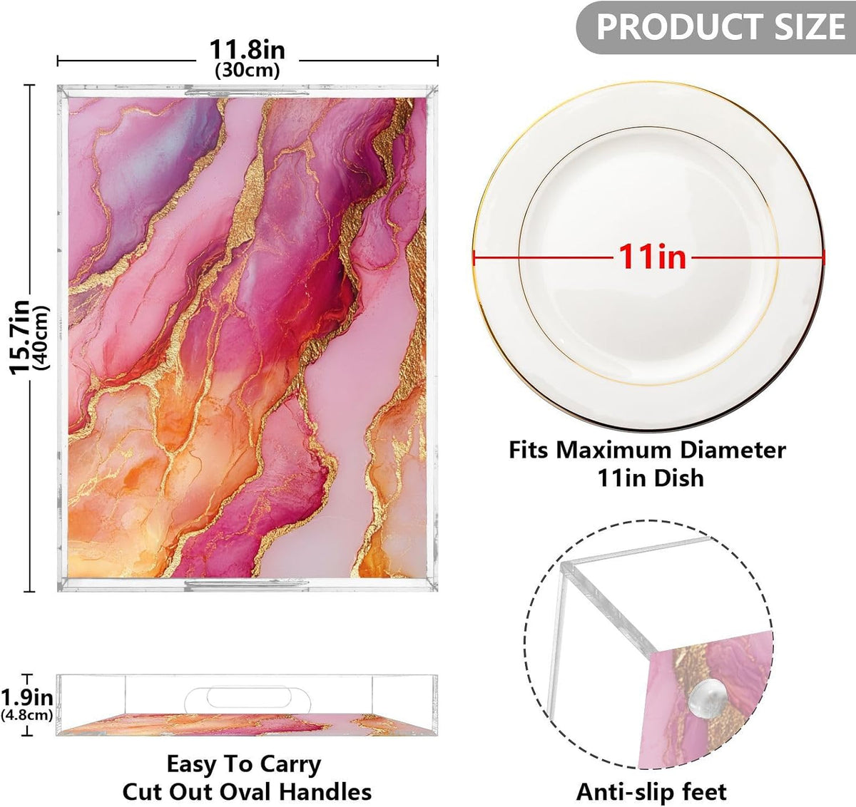 Acrylic Clear Trays Marble Rose Gold Hot Peach Acrylic Serving Trays with Handles 12X16 Acrylic Bed Tray Spill-Proof