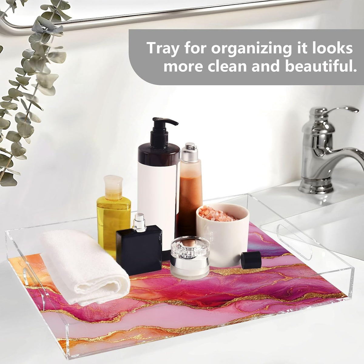 Acrylic Clear Trays Marble Rose Gold Hot Peach Acrylic Serving Trays with Handles 12X16 Acrylic Bed Tray Spill-Proof
