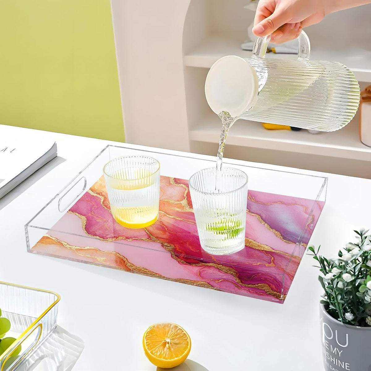 Acrylic Clear Trays Marble Rose Gold Hot Peach Acrylic Serving Trays with Handles 12X16 Acrylic Bed Tray Spill-Proof