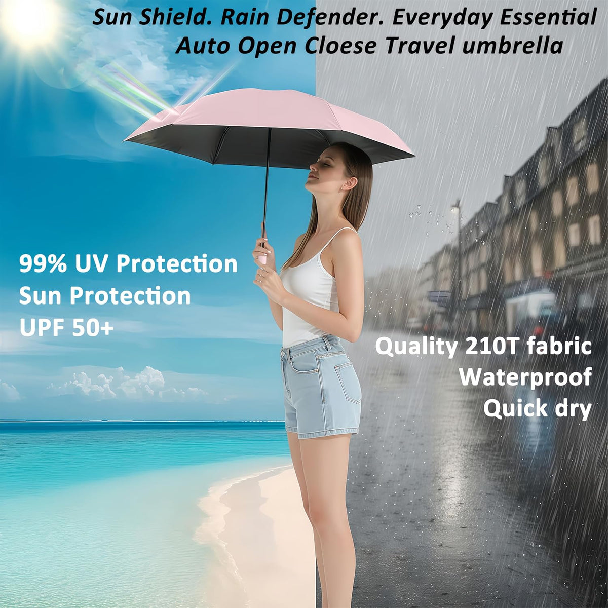 Small UV Protection Travel Umbrella Compact for Rain and Sun UPF 50+ Windproof Portable 42 inch Umbrella for Women and Men