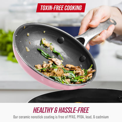 Blue Diamond 10 Piece Nonstick Cookware Set, Diamond Ceramic Pots & Pans, Dishwasher & Metal Utensil Safe, Non Toxic PFAS-Free, Kitchen Cooking Sauce & Saute Pans, Oven & Broiler to 600F, Pink