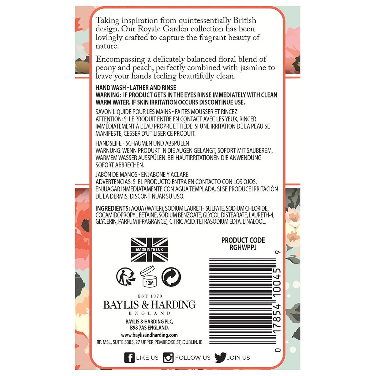 Liquid Hand Soap Wash with Dispenser, Royale Garden, Peach Peony & Jasmine, 16.9oz/500ml (6-Pack)