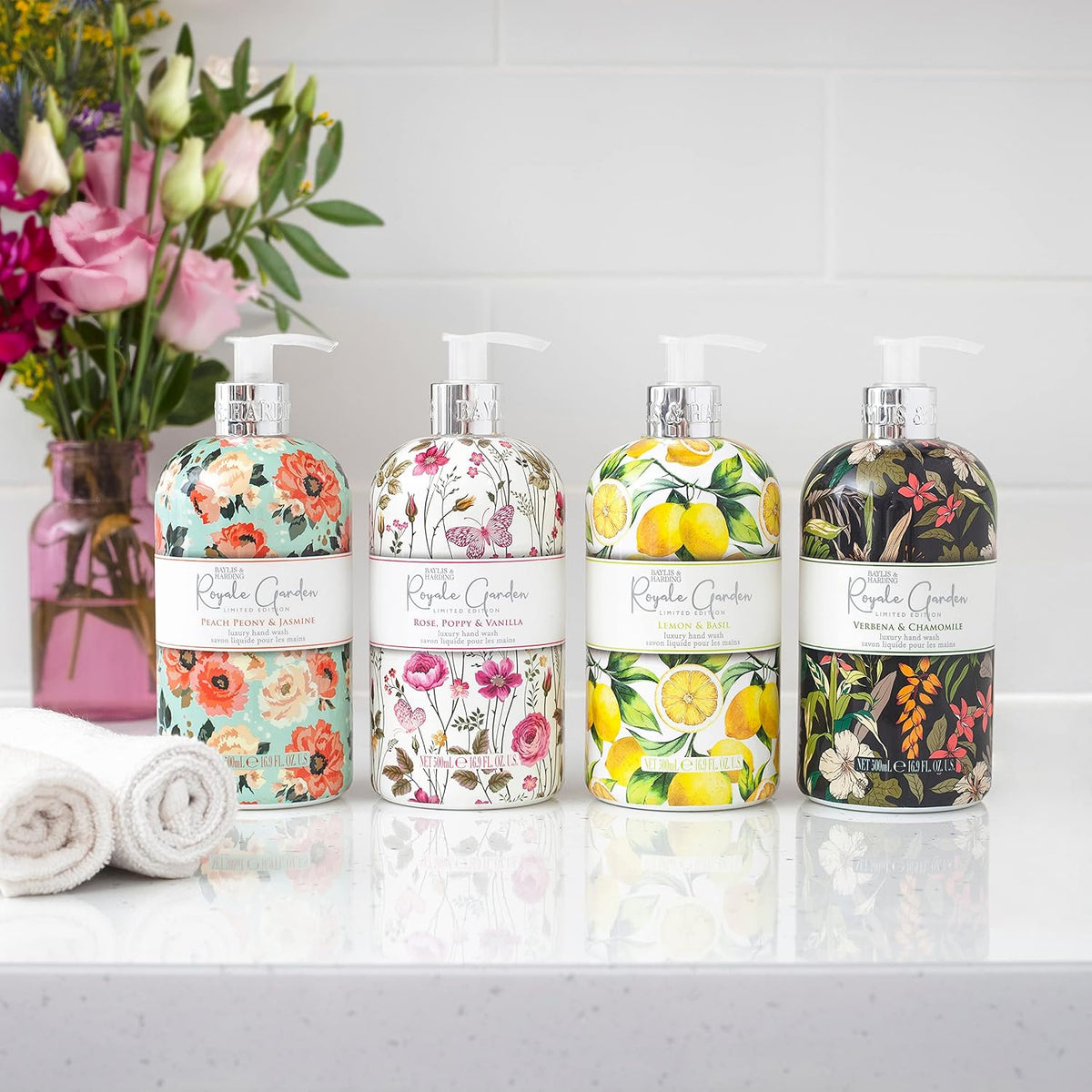 Liquid Hand Soap Wash with Dispenser, Royale Garden, Peach Peony & Jasmine, 16.9oz/500ml (6-Pack)