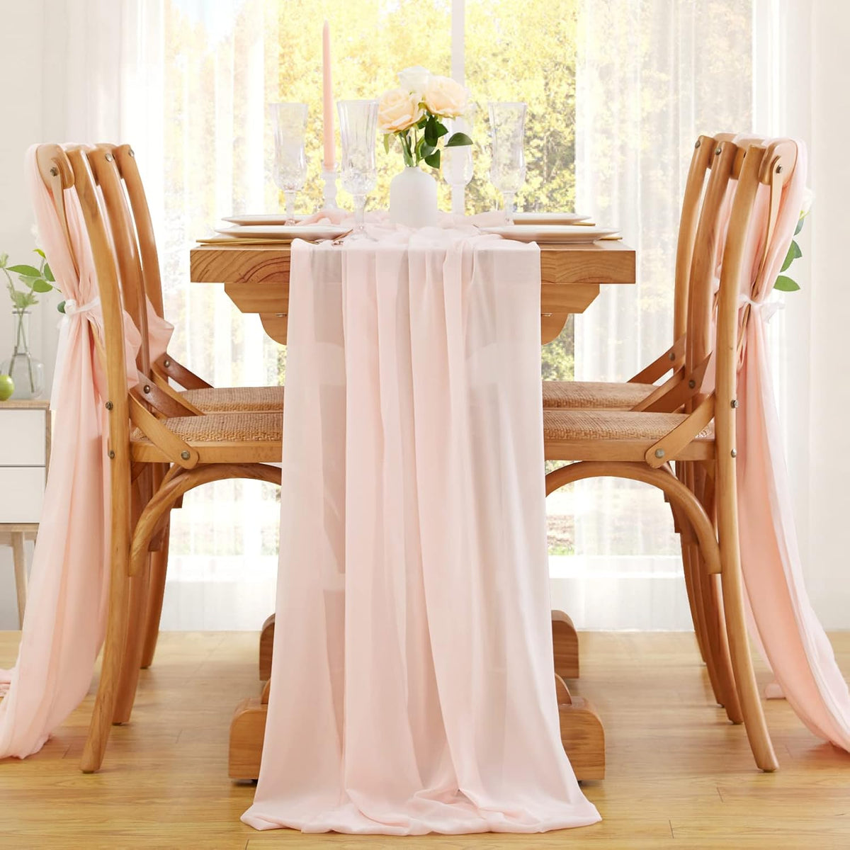 5 Packs Light Peach Table Runner 27x120 Inches Romantic Chiffon Fabric Wedding Runners for Party Baby Shower Girl Decorations