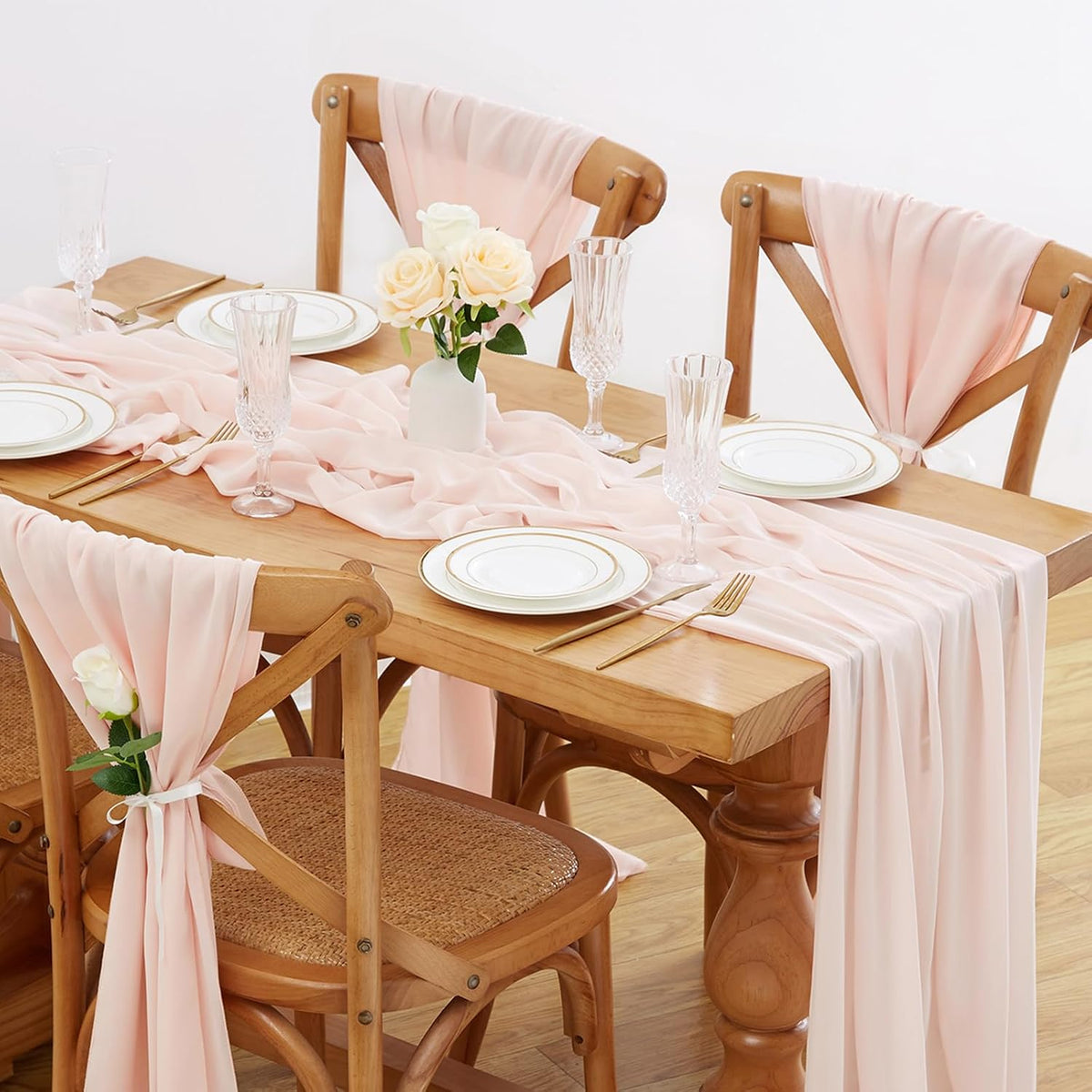 5 Packs Light Peach Table Runner 27x120 Inches Romantic Chiffon Fabric Wedding Runners for Party Baby Shower Girl Decorations