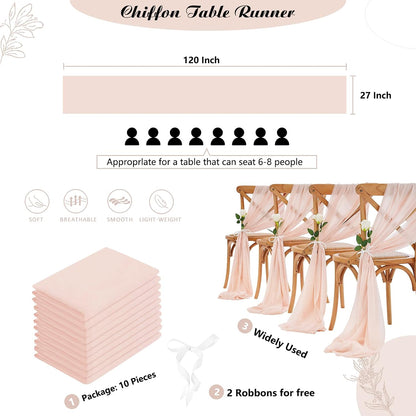 5 Packs Light Peach Table Runner 27x120 Inches Romantic Chiffon Fabric Wedding Runners for Party Baby Shower Girl Decorations