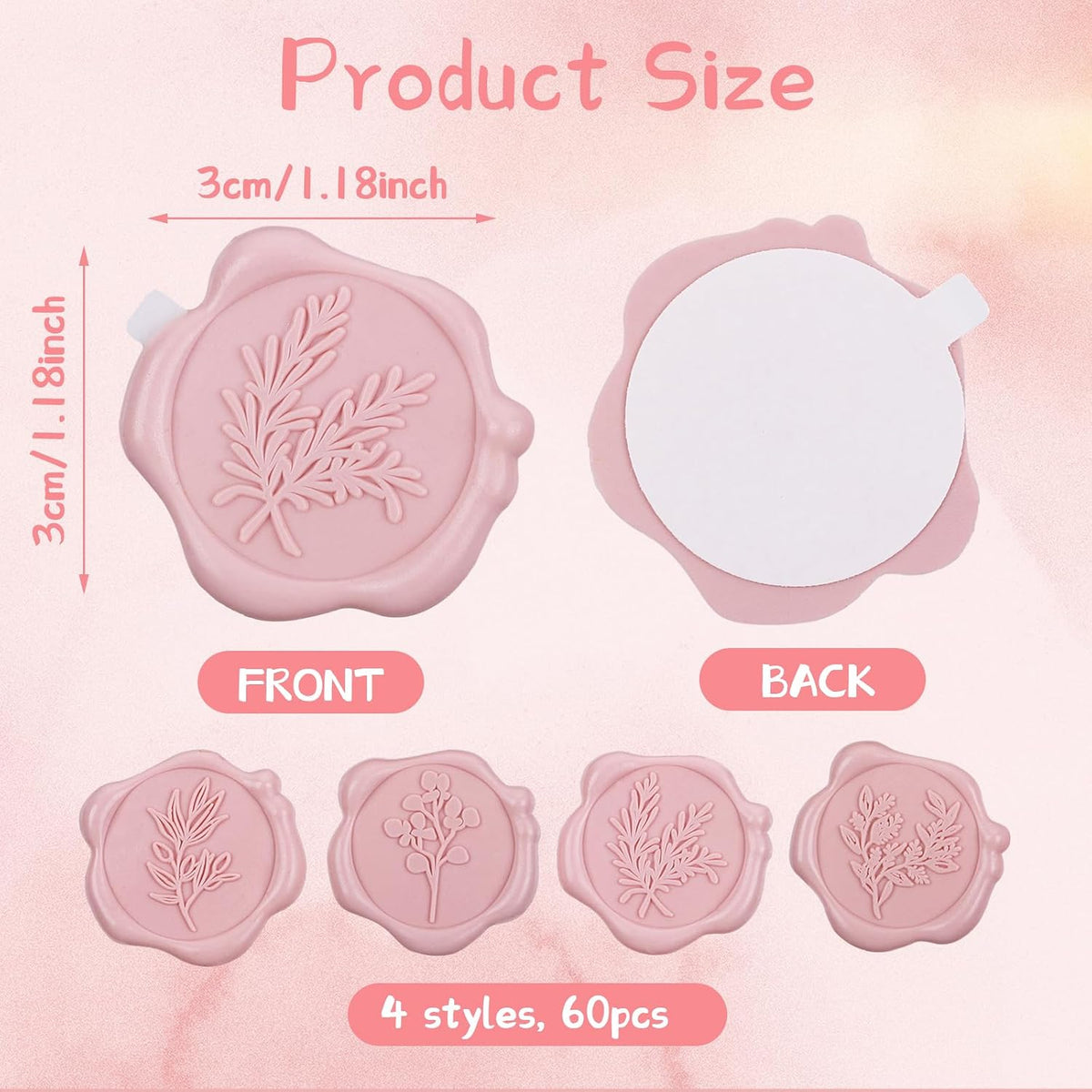 60 Pcs Wax Seal Stickers, Blush Pink, Self-Adhesive, 4 Leaf Styles