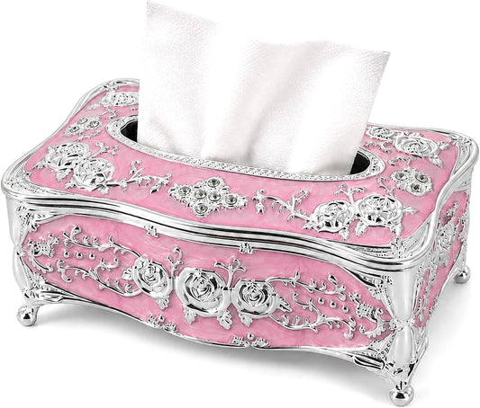 Vintage Acrylic Tissue Box Holder, Rectangular Facial Tissue Cover Dispenser with Rose Pattern, Decorative Napkin Organizer for Bathroom Vanity, Bedroom Nightstand, Car & Office (Silver Pink)
