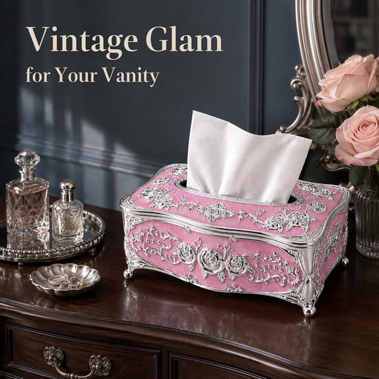 Vintage Acrylic Tissue Box Holder, Rectangular Facial Tissue Cover Dispenser with Rose Pattern, Decorative Napkin Organizer for Bathroom Vanity, Bedroom Nightstand, Car & Office (Silver Pink)
