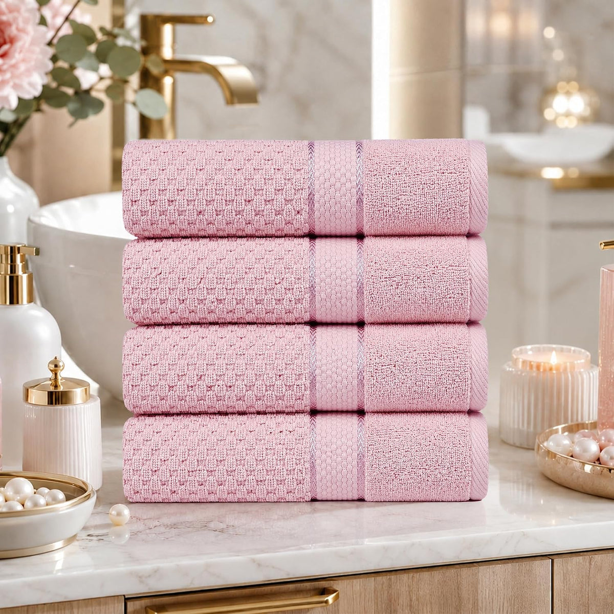 100% Cotton Bath Towels 30x54 Inches, Popcorn Textured, Soft & Absorbent, Quick Dry, Oeko-Tex Certified, Machine Washable, Set of 4, Soft Pink
