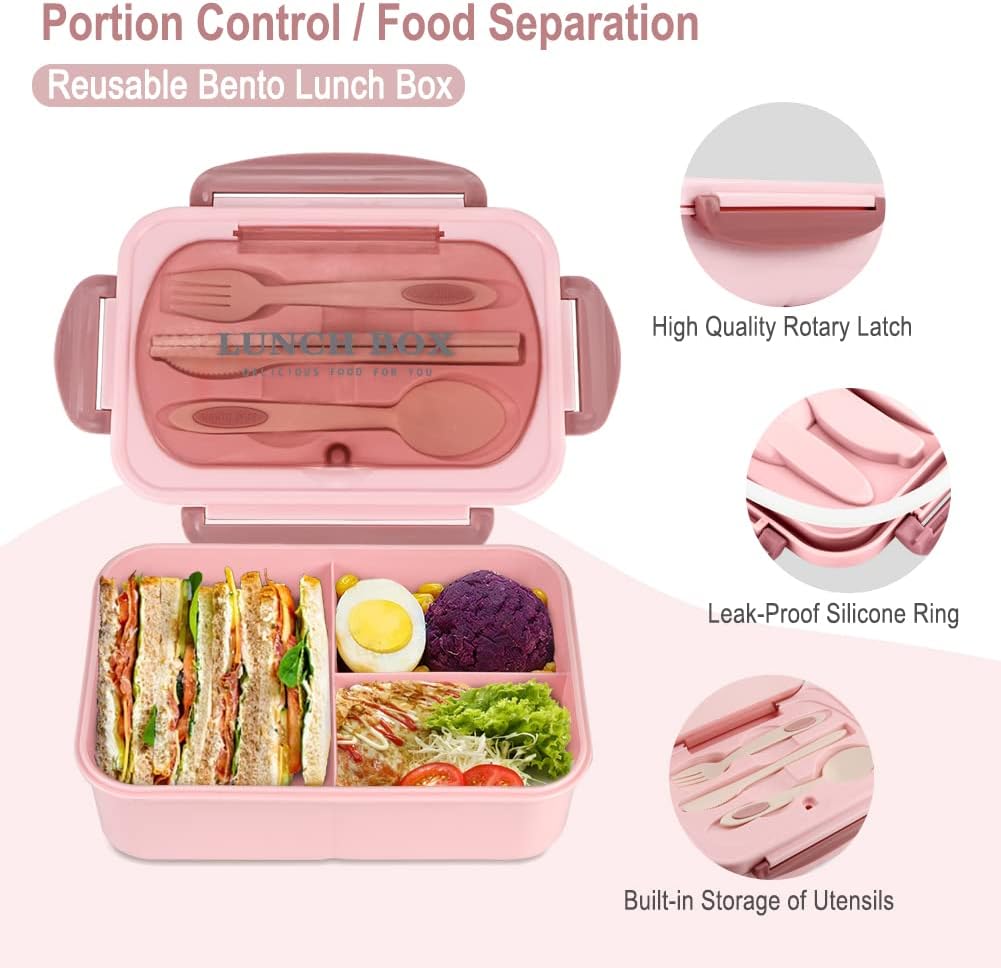 Bento Box for Adult, 1200 ML Lunch Containers for Adults, LeakProof Lunch Box with Utensils, BPA Free, 3 Compartment Bento Box Microwave Safe, Pink