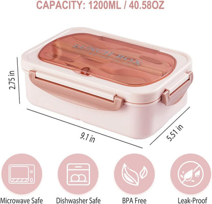 Bento Box for Adult, 1200 ML Lunch Containers for Adults, LeakProof Lunch Box with Utensils, BPA Free, 3 Compartment Bento Box Microwave Safe, Pink