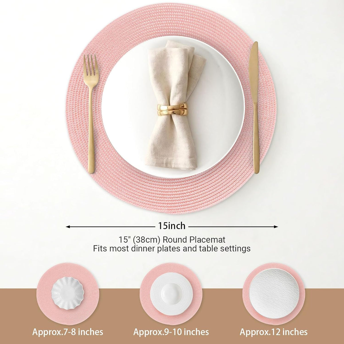 Round Braided Placemats Set of 8 Place Mats for Dining Table Woven Washable Non-Slip Table Mats 15 Inch(Pink,8pcs)