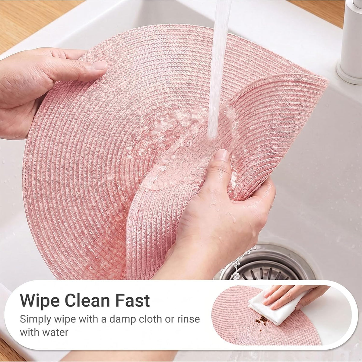 Round Braided Placemats Set of 8 Place Mats for Dining Table Woven Washable Non-Slip Table Mats 15 Inch(Pink,8pcs)