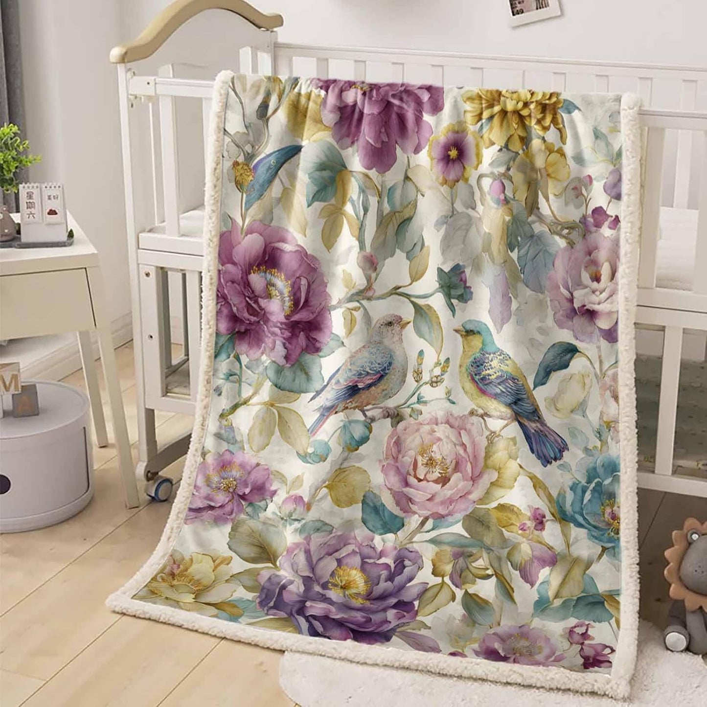 Spring Flowers Throw Blanket Vintage Pink Purple Flower Bird Waterproof Leaf Super Soft Warm Flannel Fleece Blanket - Lightweight&Breathable for Bed Sofa Couch Camping Chair 39"x49"