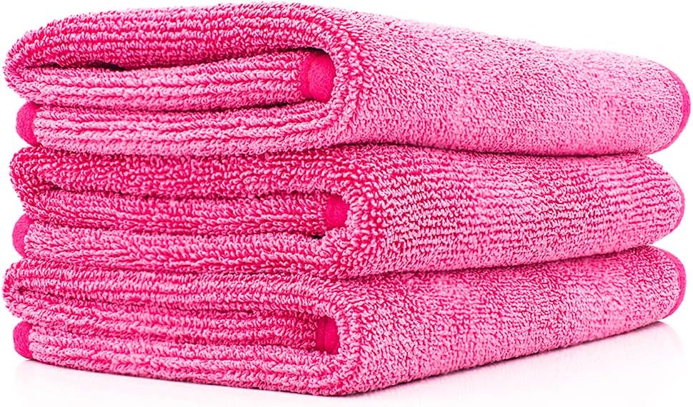 Premium FTW Microfiber Cleaning Towels for Glass, Windows, Mirrors, Polished Surfaces - Streak-Free, Scratchless, 16" x16”, Pink, 3-Pack