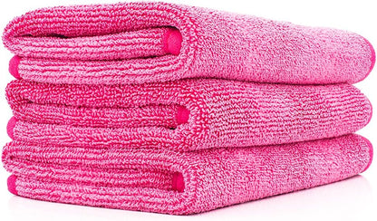 Premium FTW Microfiber Cleaning Towels for Glass, Windows, Mirrors, Polished Surfaces - Streak-Free, Scratchless, 16" x16”, Pink, 3-Pack