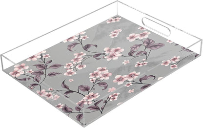 Peach Flowers Acrylic Serving Tray with Handles 15.7 x 11.8 x 1.9 inch Spill Proof Decorative Tray Countertop Organizer for Living Room Bathroom Ottoman Coffee Tables