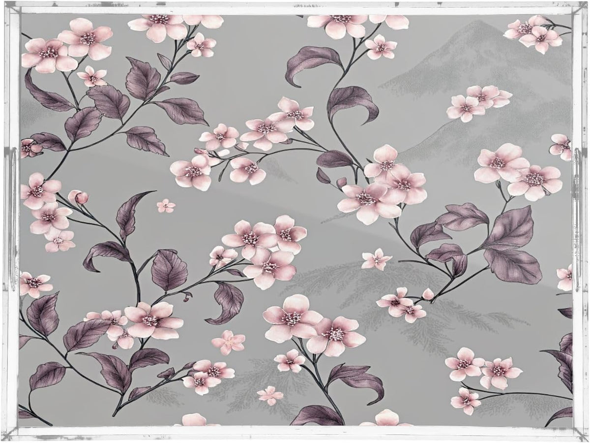 Peach Flowers Acrylic Serving Tray with Handles 15.7 x 11.8 x 1.9 inch Spill Proof Decorative Tray Countertop Organizer for Living Room Bathroom Ottoman Coffee Tables