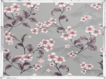 Peach Flowers Acrylic Serving Tray with Handles 15.7 x 11.8 x 1.9 inch Spill Proof Decorative Tray Countertop Organizer for Living Room Bathroom Ottoman Coffee Tables