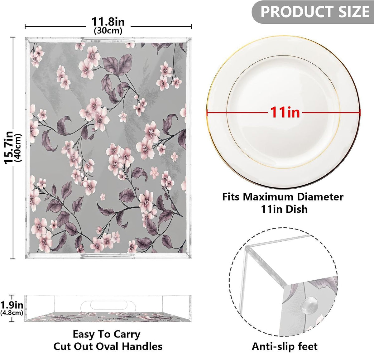 Peach Flowers Acrylic Serving Tray with Handles 15.7 x 11.8 x 1.9 inch Spill Proof Decorative Tray Countertop Organizer for Living Room Bathroom Ottoman Coffee Tables