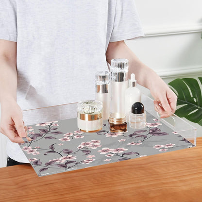 Peach Flowers Acrylic Serving Tray with Handles 15.7 x 11.8 x 1.9 inch Spill Proof Decorative Tray Countertop Organizer for Living Room Bathroom Ottoman Coffee Tables