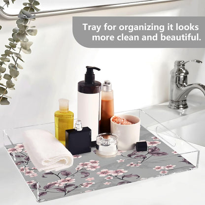 Peach Flowers Acrylic Serving Tray with Handles 15.7 x 11.8 x 1.9 inch Spill Proof Decorative Tray Countertop Organizer for Living Room Bathroom Ottoman Coffee Tables
