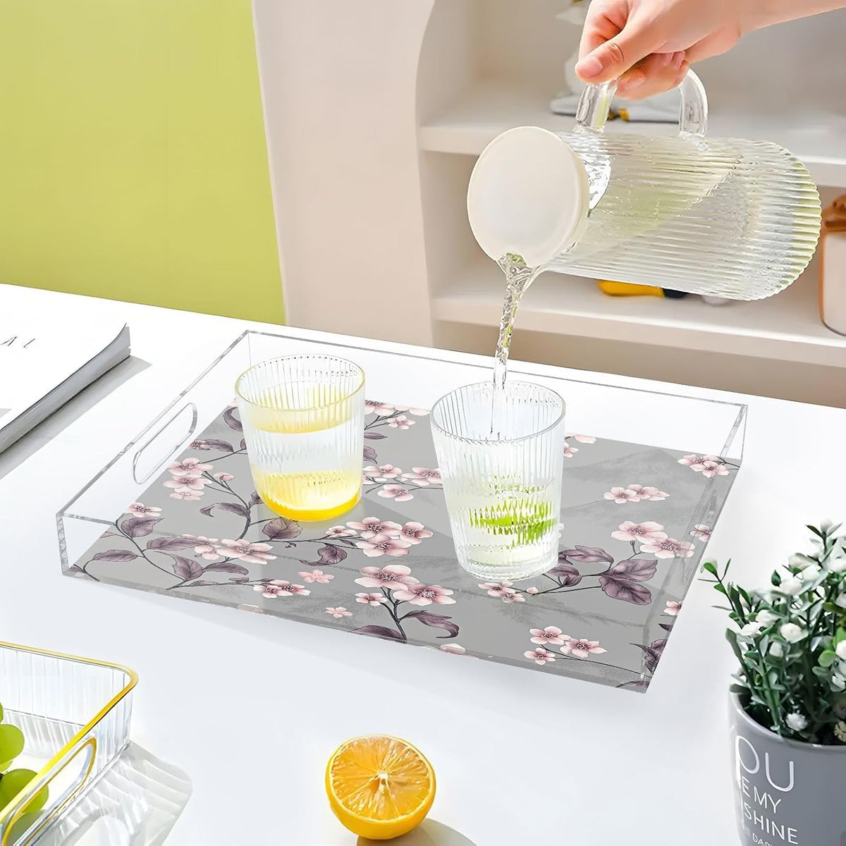 Peach Flowers Acrylic Serving Tray with Handles 15.7 x 11.8 x 1.9 inch Spill Proof Decorative Tray Countertop Organizer for Living Room Bathroom Ottoman Coffee Tables