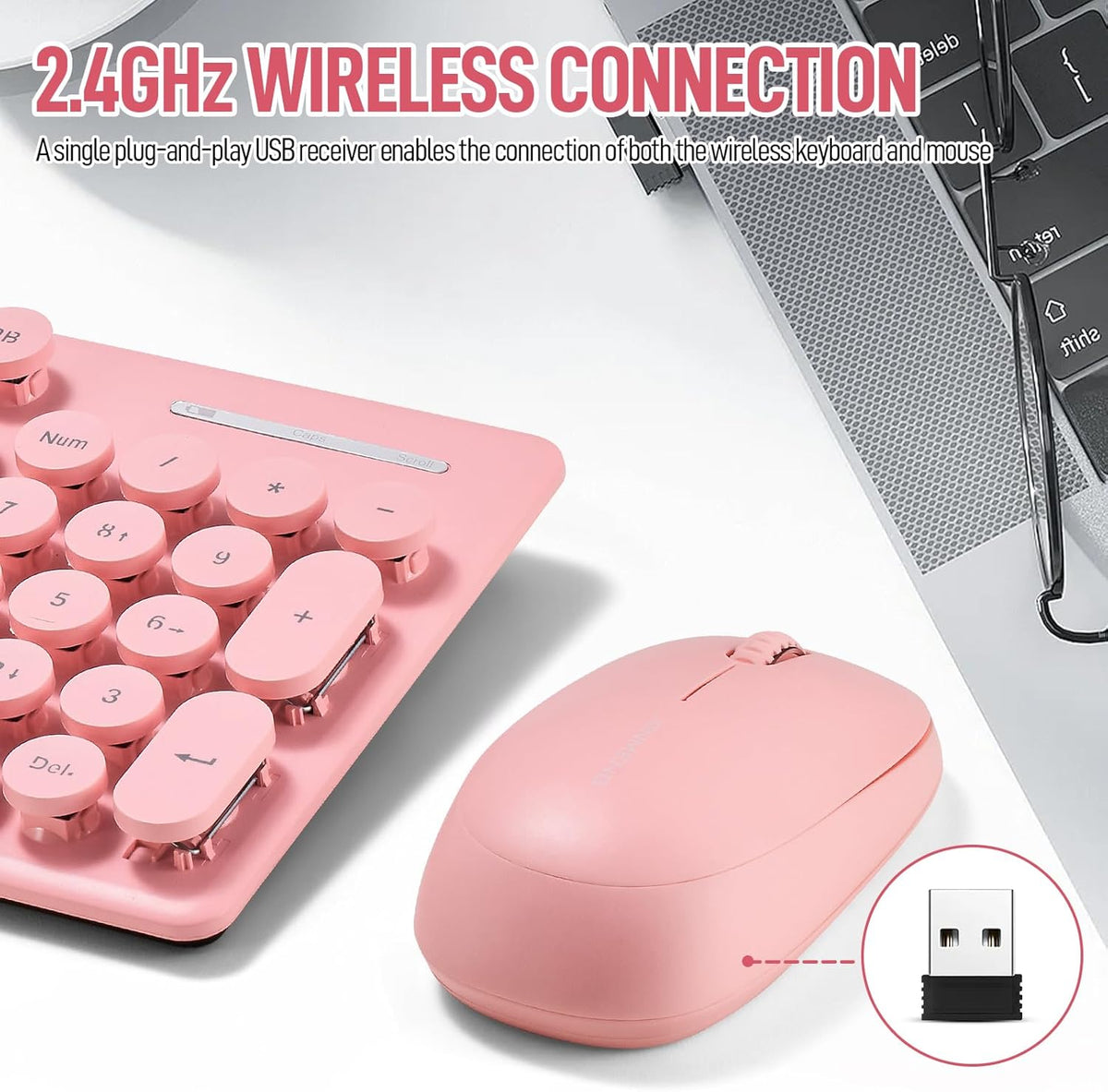 Wireless Keyboard and Mouse Combo, Full Size Compact Quiet Wireless Keyboard and Mouse Set 2.4G Ultra-Thin Sleek Design for Windows, Computer, Desktop, PC, Notebook, Laptop,Round Keys Pink