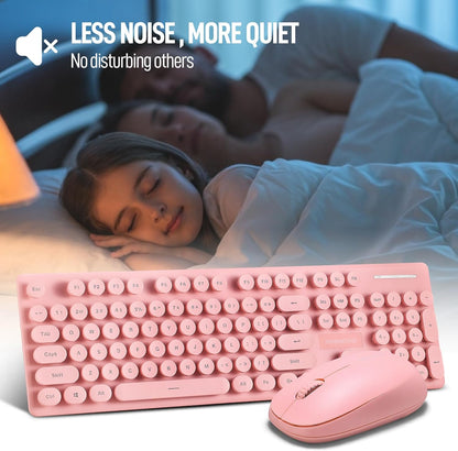 Wireless Keyboard and Mouse Combo, Full Size Compact Quiet Wireless Keyboard and Mouse Set 2.4G Ultra-Thin Sleek Design for Windows, Computer, Desktop, PC, Notebook, Laptop,Round Keys Pink