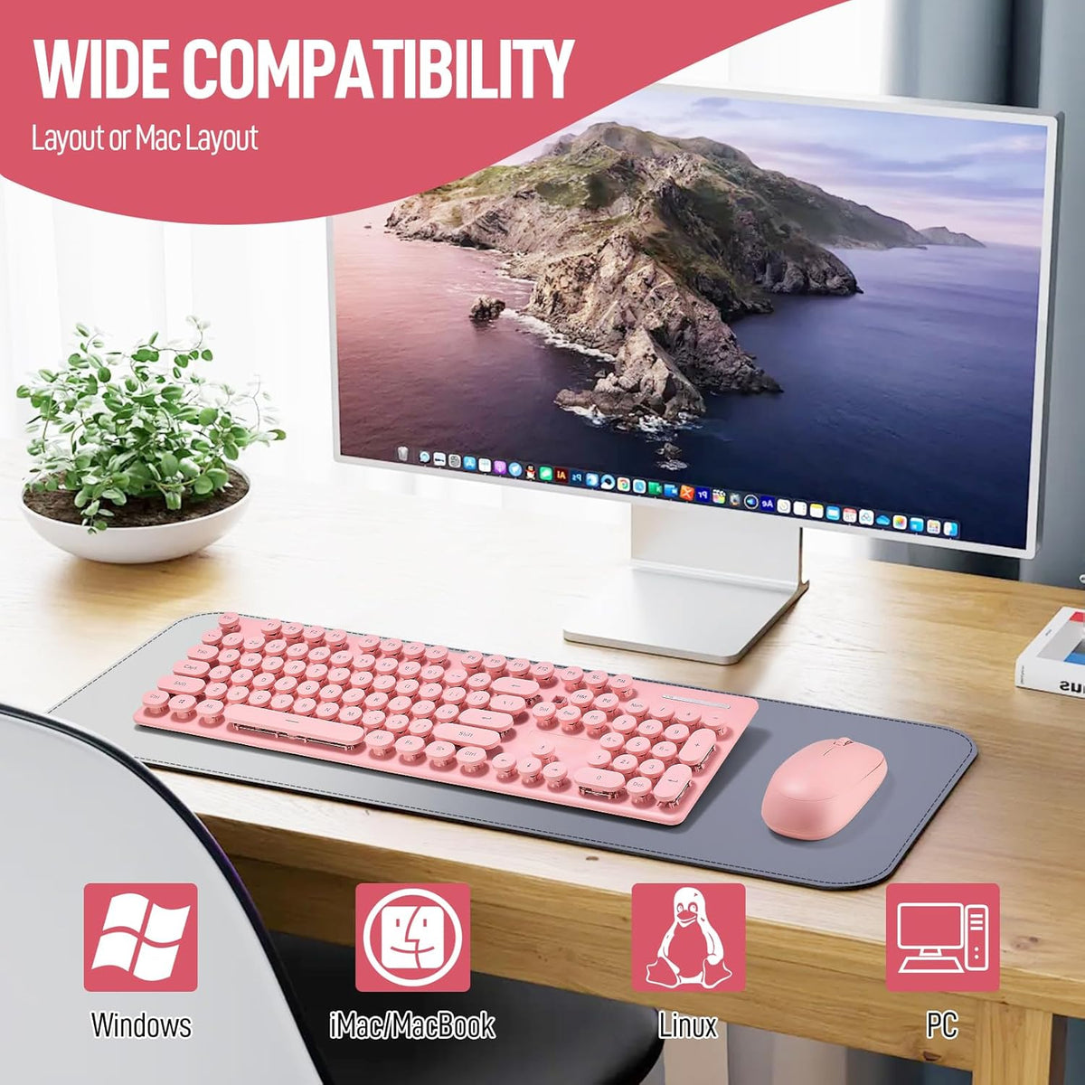 Wireless Keyboard and Mouse Combo, Full Size Compact Quiet Wireless Keyboard and Mouse Set 2.4G Ultra-Thin Sleek Design for Windows, Computer, Desktop, PC, Notebook, Laptop,Round Keys Pink