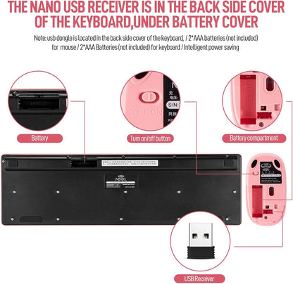 Wireless Keyboard and Mouse Combo, Full Size Compact Quiet Wireless Keyboard and Mouse Set 2.4G Ultra-Thin Sleek Design for Windows, Computer, Desktop, PC, Notebook, Laptop,Round Keys Pink