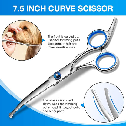 Dog Grooming Scissors Curved Shears Set Rounded Trimming Scissors for Professional Pet Dogs Cats Doodles Face Paws Matted Hair Removal at Home Use Supplies Station for Carding Tools and Trimmer