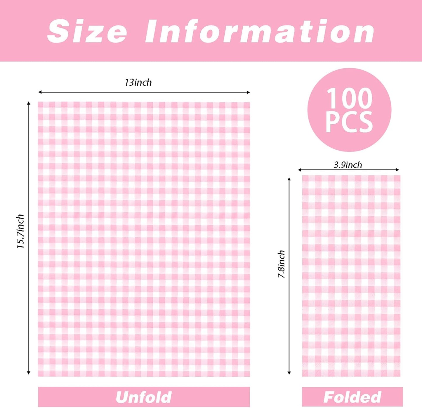 100 Pcs Pink Gingham Napkins Disposable - Pink and White Checkered Paper Napkins - Plaid Dinner Napkins for Girls Women Wedding Birthday Baby Shower Picnic Mother's Day Party Supplies