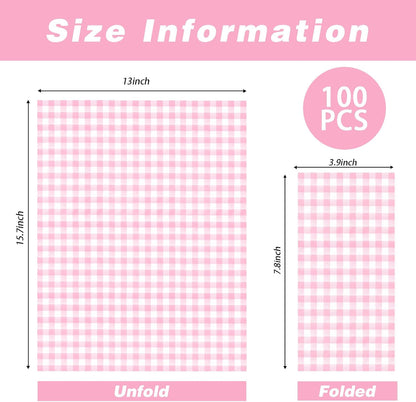 100 Pcs Pink Gingham Napkins Disposable - Pink and White Checkered Paper Napkins - Plaid Dinner Napkins for Girls Women Wedding Birthday Baby Shower Picnic Mother's Day Party Supplies