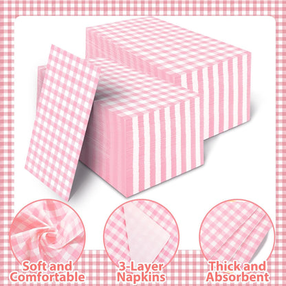 100 Pcs Pink Gingham Napkins Disposable - Pink and White Checkered Paper Napkins - Plaid Dinner Napkins for Girls Women Wedding Birthday Baby Shower Picnic Mother's Day Party Supplies