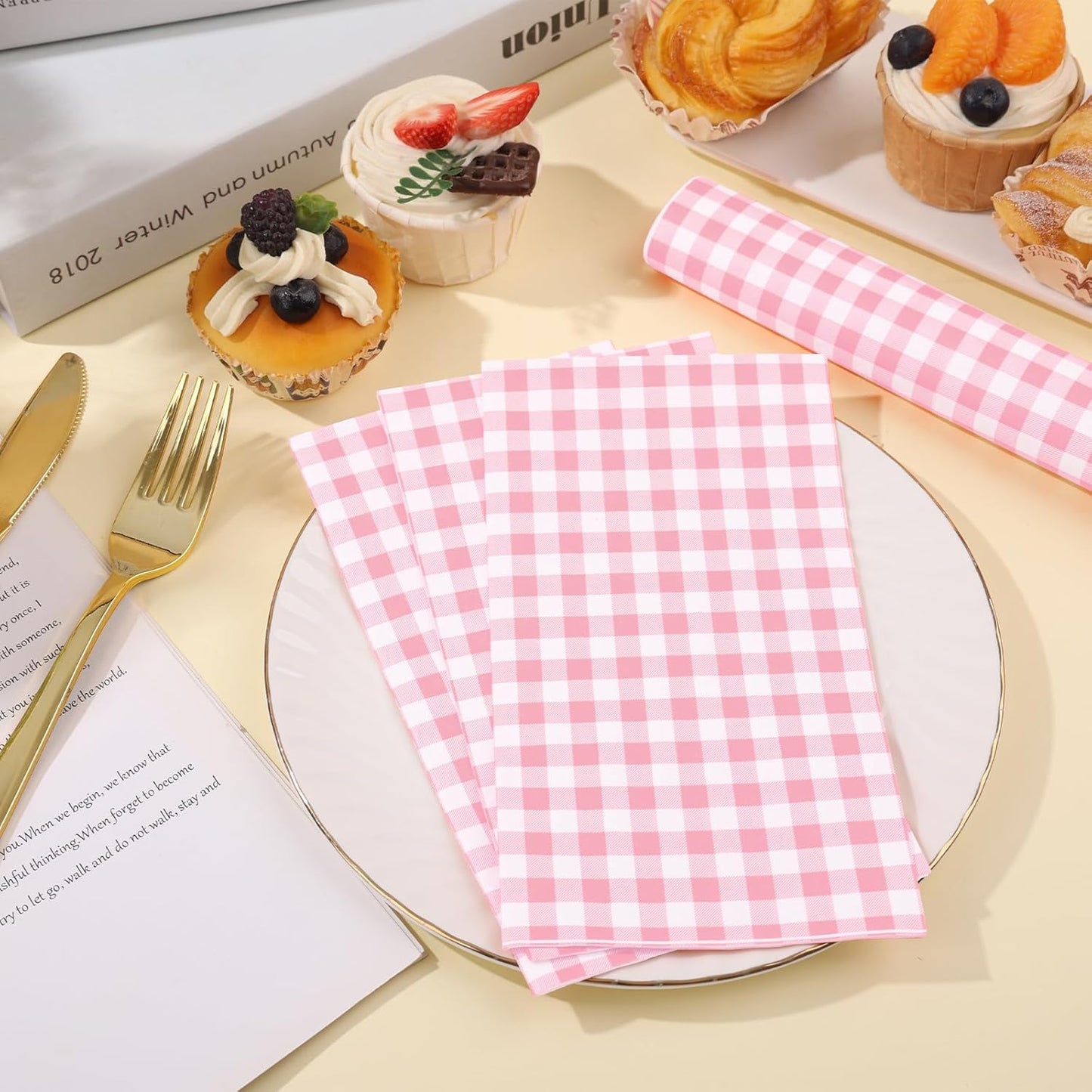 100 Pcs Pink Gingham Napkins Disposable - Pink and White Checkered Paper Napkins - Plaid Dinner Napkins for Girls Women Wedding Birthday Baby Shower Picnic Mother's Day Party Supplies