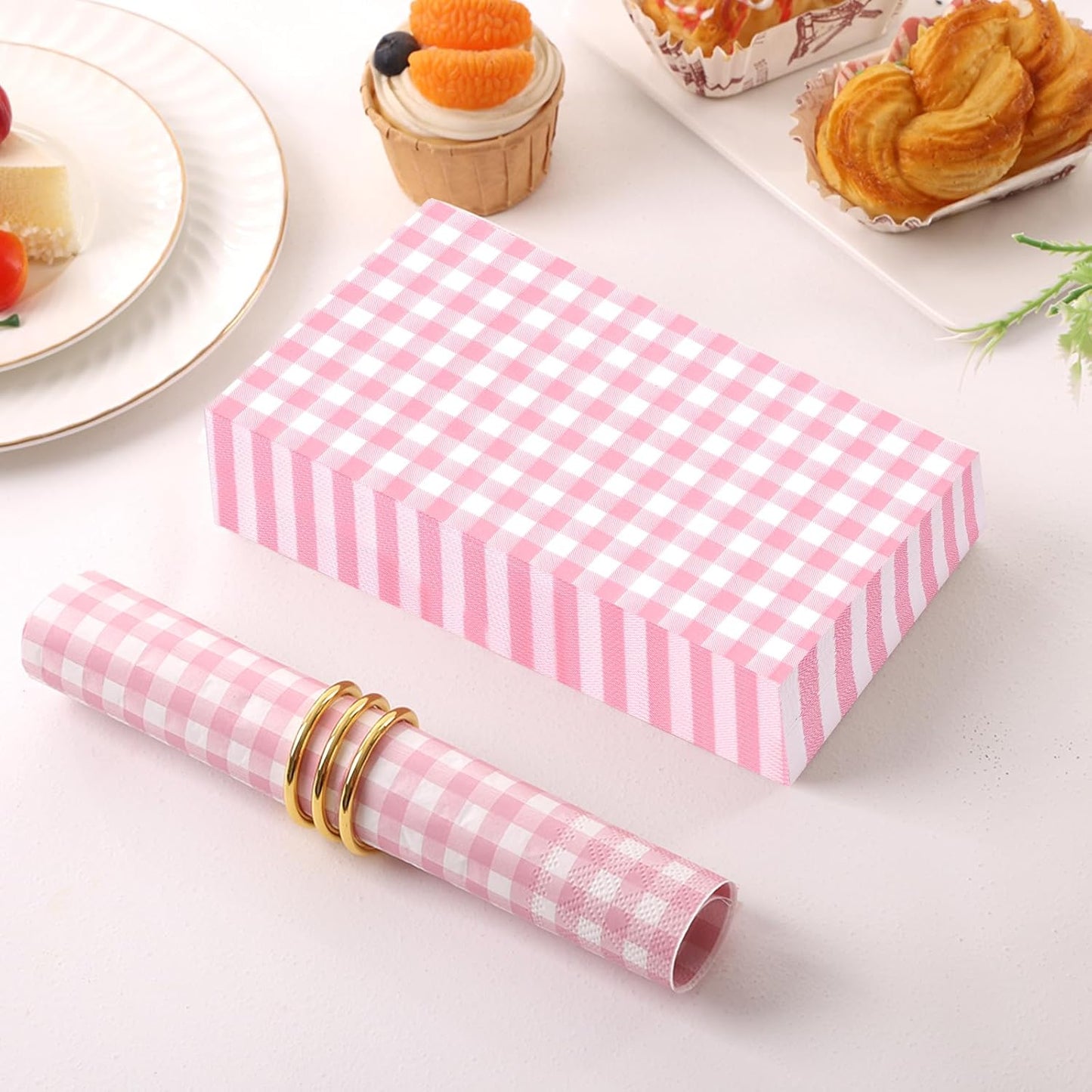 100 Pcs Pink Gingham Napkins Disposable - Pink and White Checkered Paper Napkins - Plaid Dinner Napkins for Girls Women Wedding Birthday Baby Shower Picnic Mother's Day Party Supplies