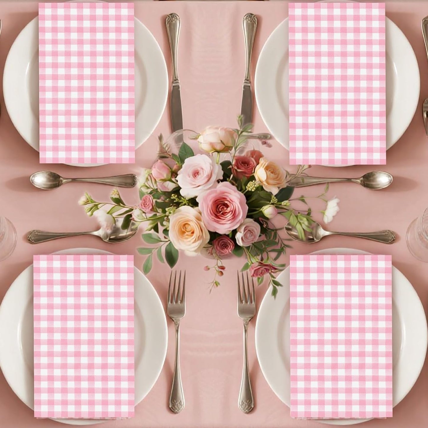 100 Pcs Pink Gingham Napkins Disposable - Pink and White Checkered Paper Napkins - Plaid Dinner Napkins for Girls Women Wedding Birthday Baby Shower Picnic Mother's Day Party Supplies