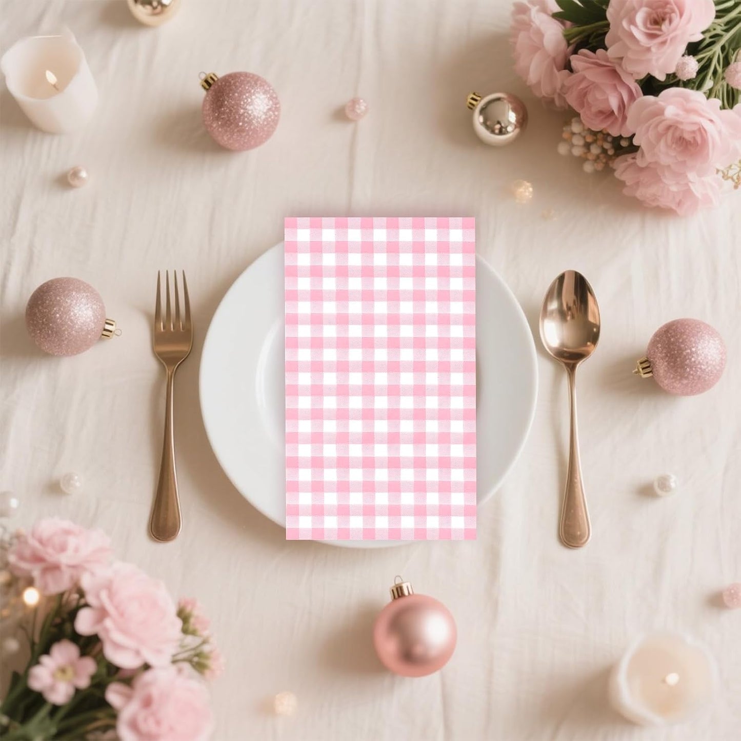 100 Pcs Pink Gingham Napkins Disposable - Pink and White Checkered Paper Napkins - Plaid Dinner Napkins for Girls Women Wedding Birthday Baby Shower Picnic Mother's Day Party Supplies