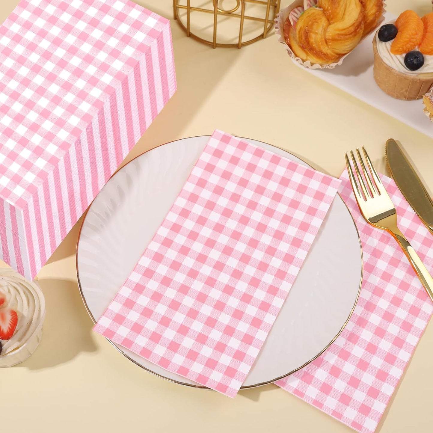 100 Pcs Pink Gingham Napkins Disposable - Pink and White Checkered Paper Napkins - Plaid Dinner Napkins for Girls Women Wedding Birthday Baby Shower Picnic Mother's Day Party Supplies