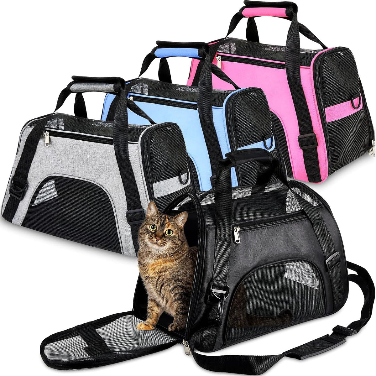 4 Pcs Cat Carrier Soft-Sided Pet Carrying Bag for Cat Under 13 Lbs, 16.9 x 11x 7.5 Inch, Portable Foldable Comfortable Bag for Small Pet Travel(Black, Gray, Pink, Blue)