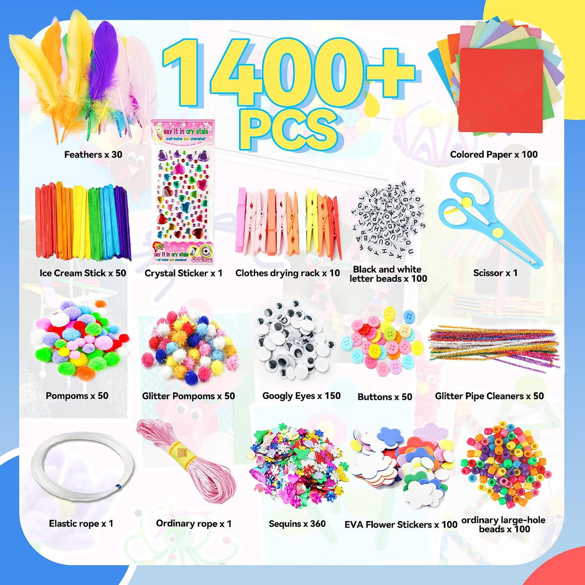 Craft Supplies for Kids, 1400+ PCS Crafts with Storage Box
