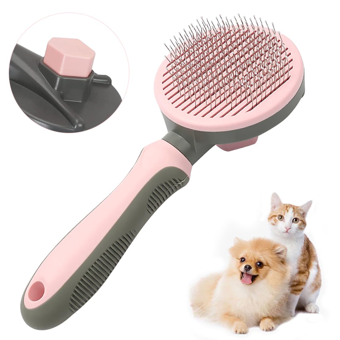 Pet Hair Brush, Cat Brush Self Cleaning Slicker Brush, Dog Brush for Shedding and Grooming, Pet Brush for Short and Long Haired Dogs Cats Rabbits, Removes Loose Undercoat & Tangled Hair (Pink)