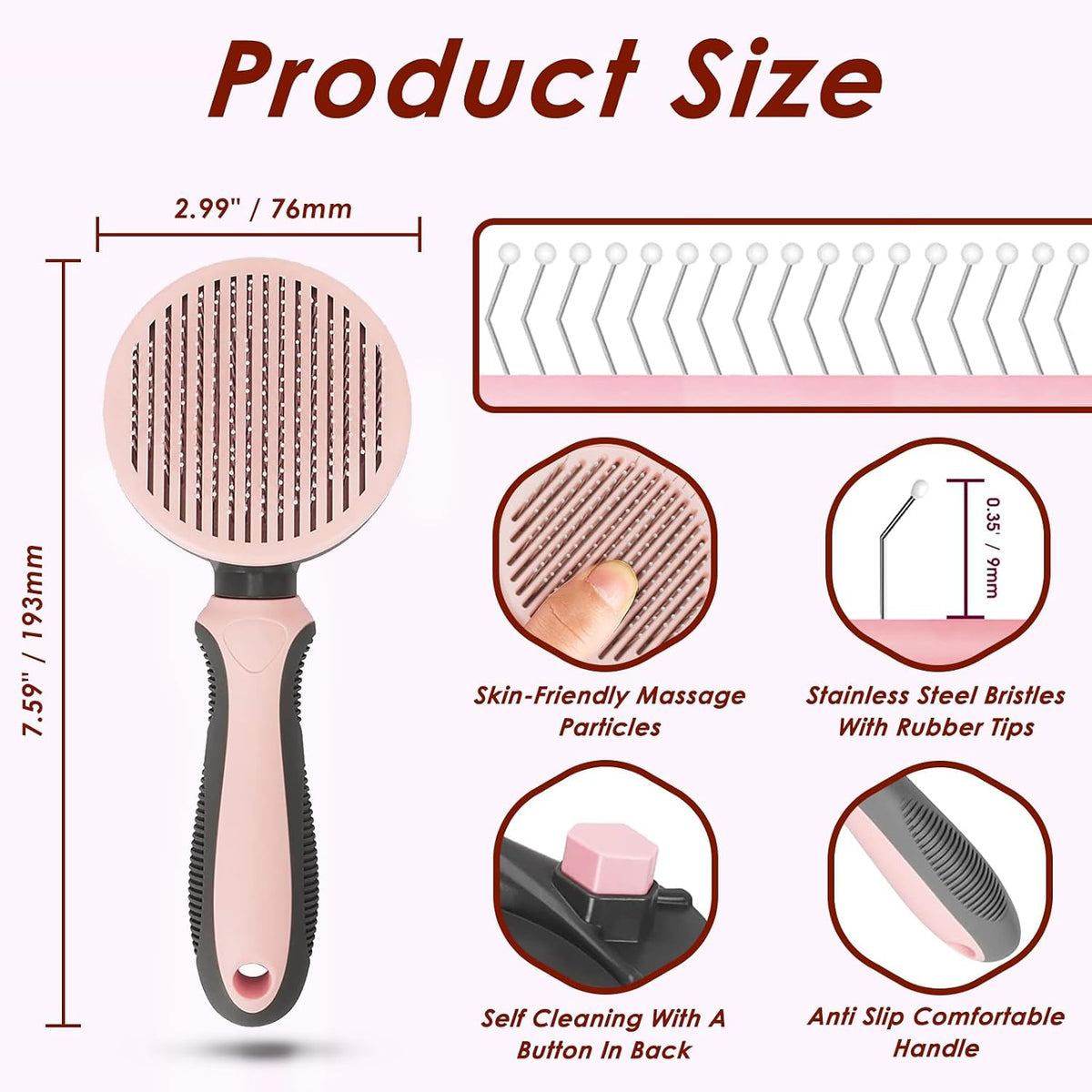 Pet Hair Brush, Cat Brush Self Cleaning Slicker Brush, Dog Brush for Shedding and Grooming, Pet Brush for Short and Long Haired Dogs Cats Rabbits, Removes Loose Undercoat & Tangled Hair (Pink)